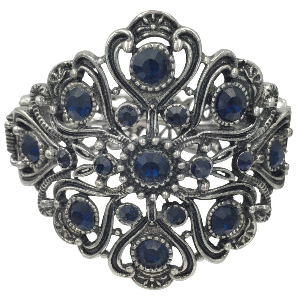 Large Filigree Dark Blue Rhinestone Silver Chunky Hinged Bangle Bracelet